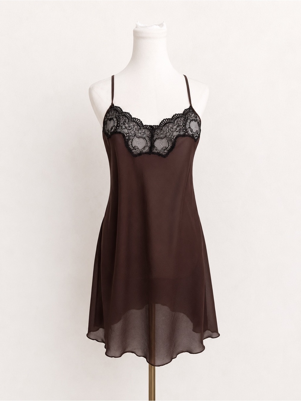 Vintage Chocolate Brown Sheer Lace Chemise Nightgown M